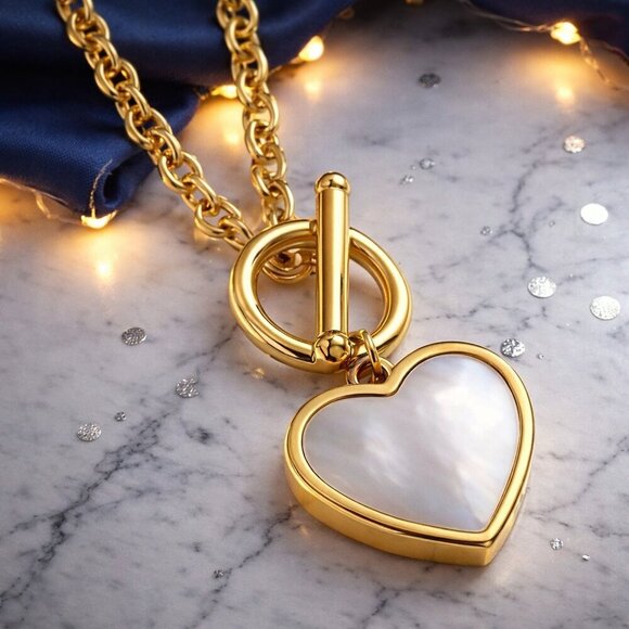 18K Gold Plated Stainless Steel White Shell Heart Toggle Necklace Earrings Set - Picture 12 of 12